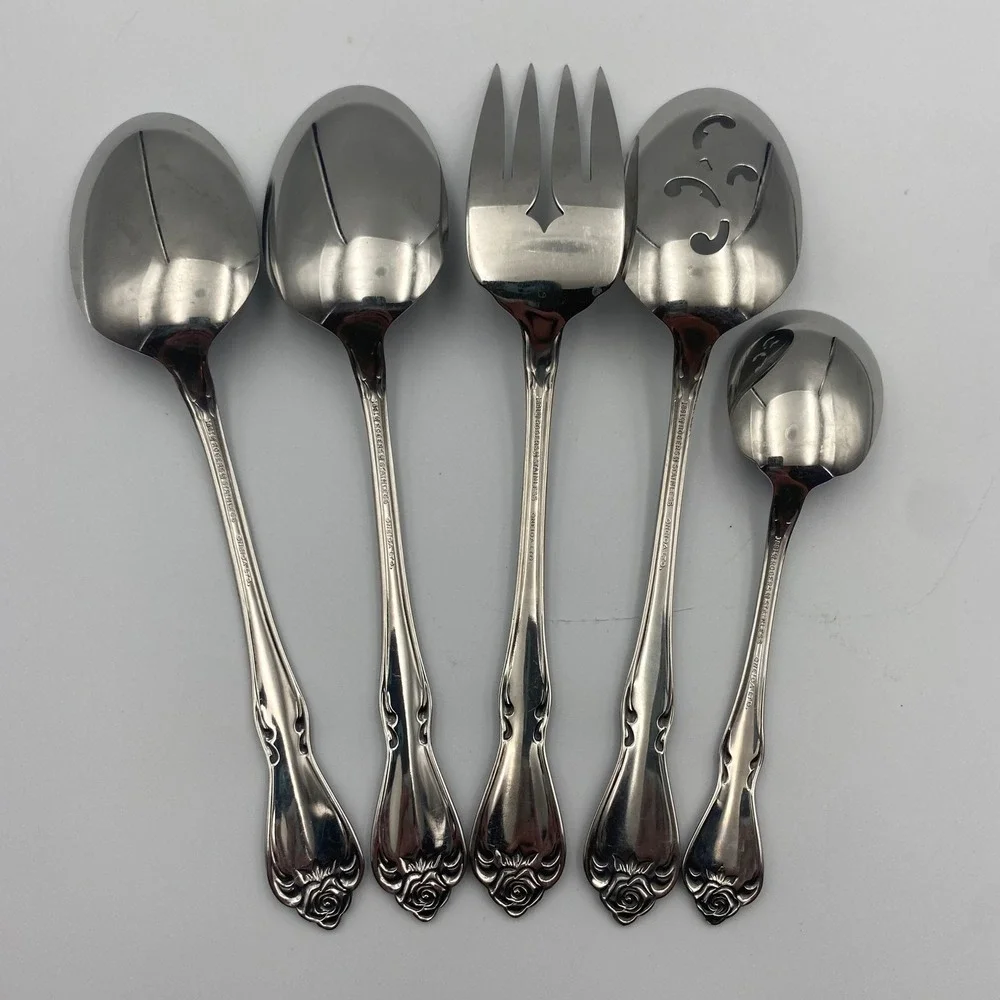 Oneida 1881‎ Rogers Arbor Rose True Rose Stainless Serving Set 5pc Hostess Fork